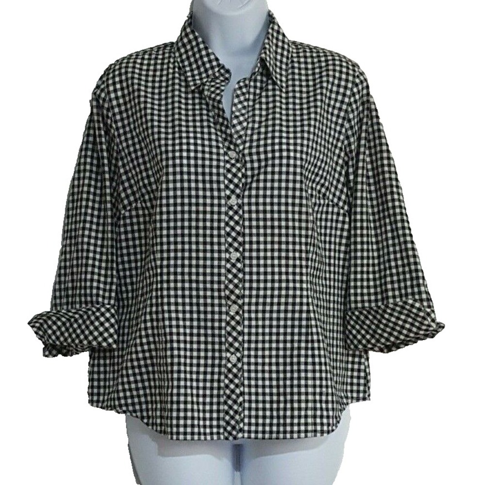Liz & Co Women's Top Large 3/4 Rolled Sleeve Button Front Black White Gingham